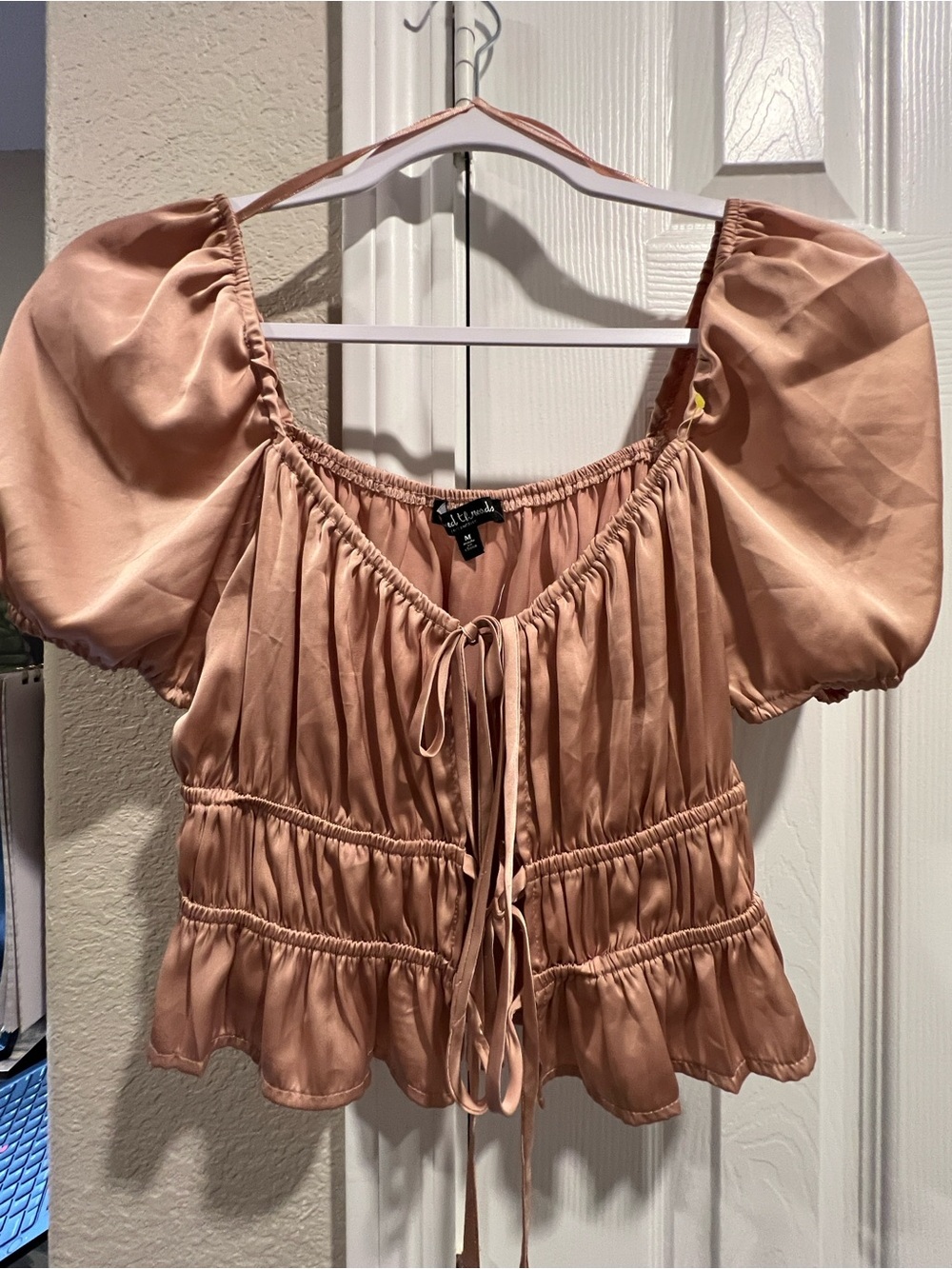 Mixed threads Blush Satin Puff Sleeve Tie-Front Top